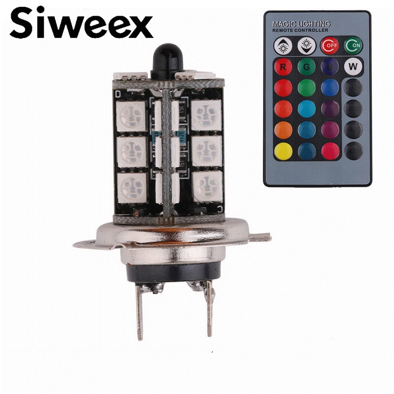 

2 PCS New RGB LED car lights 5050 LED H4 H7 H8 H1 27 SMD fog lamp bulb with remote control Car models Parking Lamp