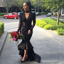 Vintage Schwarz Nixe-abschlussball 2017 New Tiefem V-ausschnitt Sheer Long Sleeves High Low Abendkleider Spitze Appliqued Sweep zug