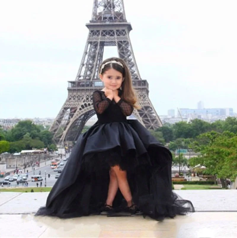 

Black Lace Full Long Sleeve High Low Flower Girl Dress Gown Train Communion Girls Dresses Birthday Party Gowns