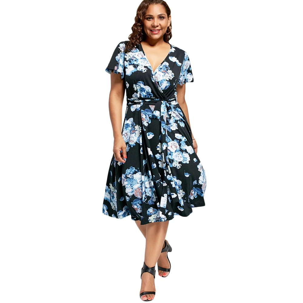 Plus Size Summer Dress Floral Print Boho Beach Dresses Tunic V neck