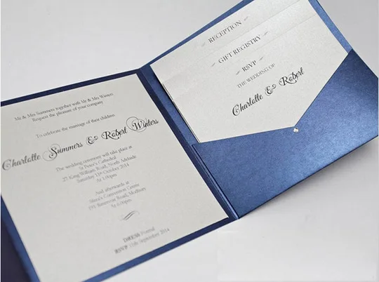 navy blue pearl pocket fold wedding invitations include blue invitation envelopes
