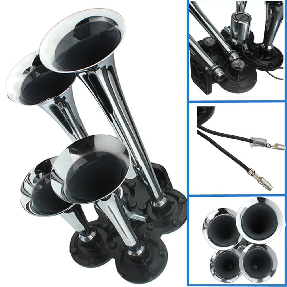 DC 12V 100PSI 150.2DB Silver Zinc Alloy Chrome Plated 4-Trumpet Train Car Air Horn Kit for Trucks Cars Automobiles