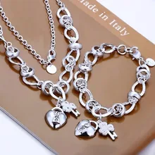 Высокое качество 925 штампованный посеребренный ювелирный набор, без никеля антиаллергенный инкрустированный замок сердца и кулон в виде цветка ключевые ювелирные изделия Set031