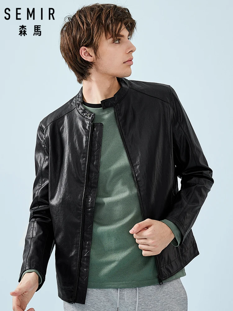 

SEMIR Men Jacket Faux Lether Jacket for Men with Small Stand-up Collar PU Leather Motocycle Coat Front Zip Pocket