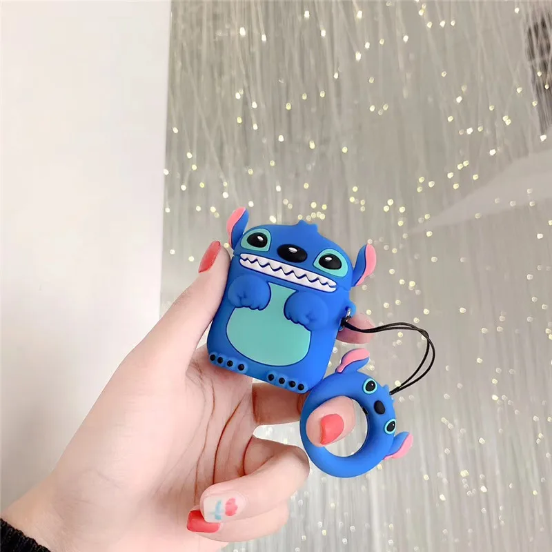Super cute 3D Stitch cartoon silicone protection ring lanyard Wireless Earphone Charging case for AirPods 1 2 Bluetooth cover
