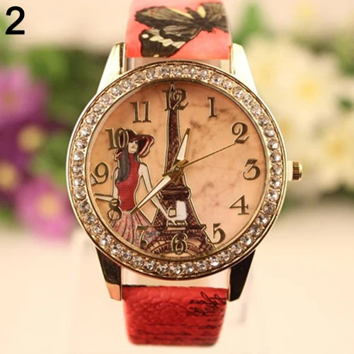 

Hot Sales Popular Rhinestone Eiffel Tower and Pretty Girl Dial Flower Printed Faux Leather Band Atique Watches
