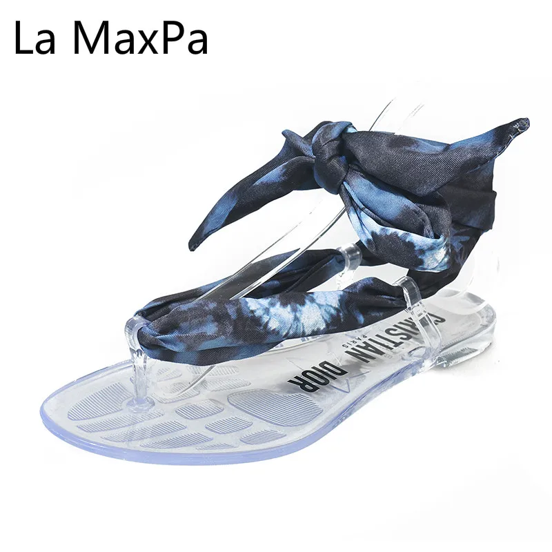 

Spring Summer New Women Shoes Fashion Flat with Silk Scarf Strap Sandals Transparent Toe-clipping Bandage Sandals B2