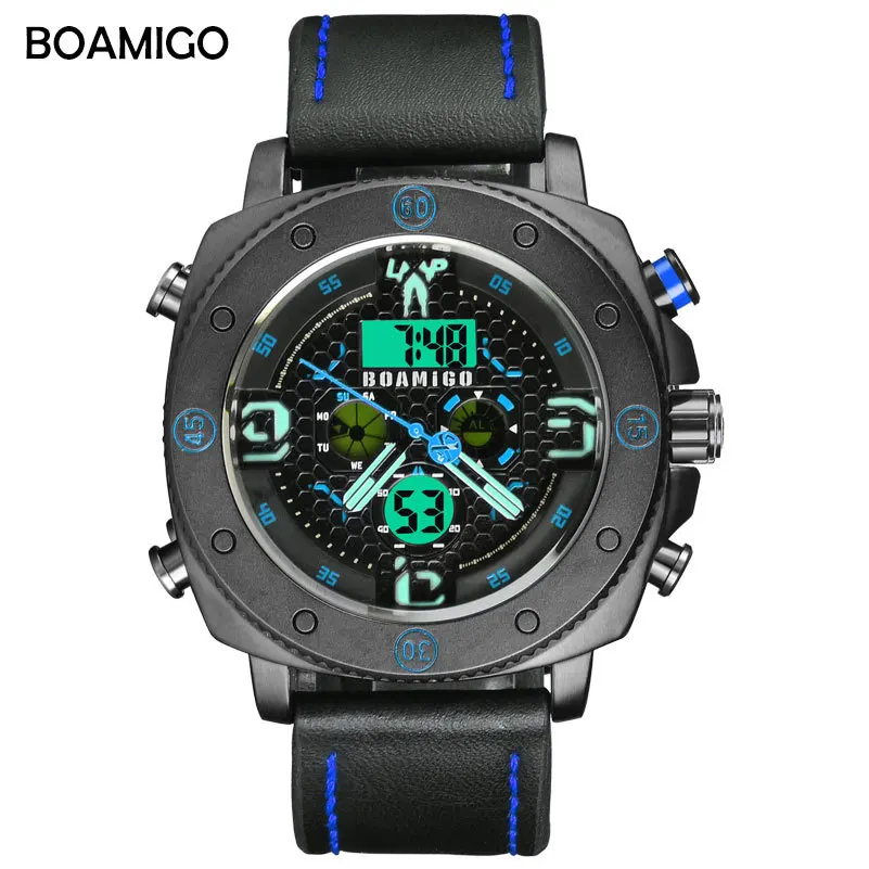 

mens sports digital quartz wristwatches leather waterproof Multifunction man watches calendar week alarm led display BOAMIGO