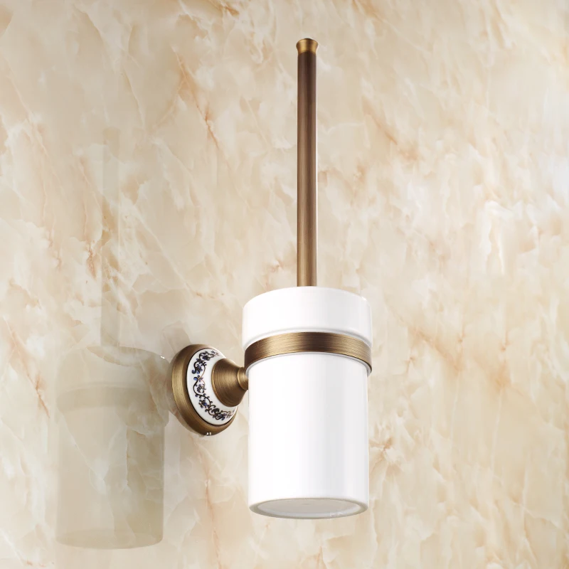 

Antique solid copper toilet brush holder ceramic pattern cup with European style brushed bathroom hardware accessories
