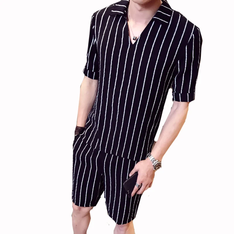 

Loldeal Men Stripe Set Irregular Striped Shirt+Shorts Set Male shorts and shirt set Men's Short Set V Neck