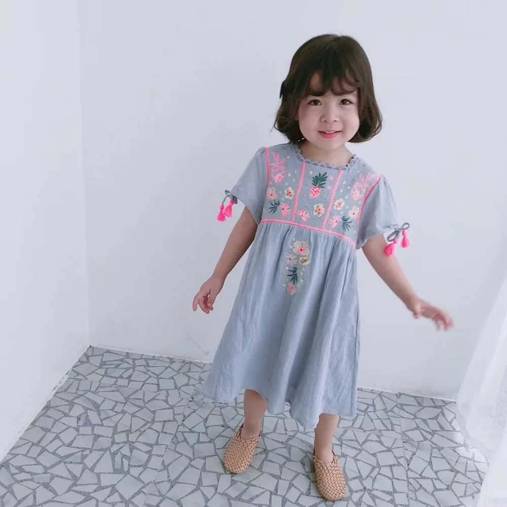

Baby girls princess dresses pineapple embroidered dress cotton linen cute baby girls dress
