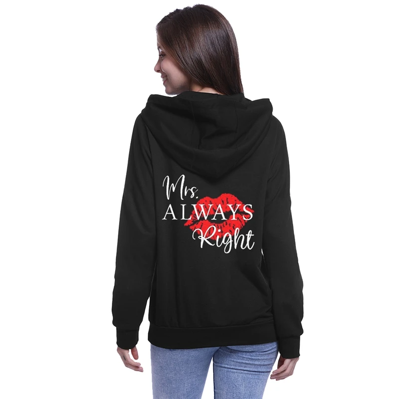 Парные толстовки с капюшоном для влюбленных Mr Right Mrs Always одинаковые свитшоты