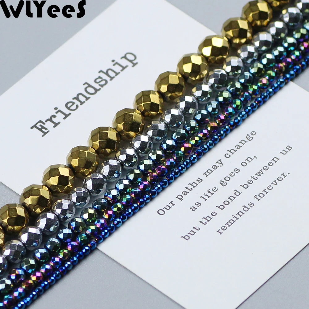

WLYeeS Faceted Round Hematite beads Plating Gold Silver Multi color Loose Beads 2 3 4 6 8 10mm Ball DIY Jewelry Bracelet Making