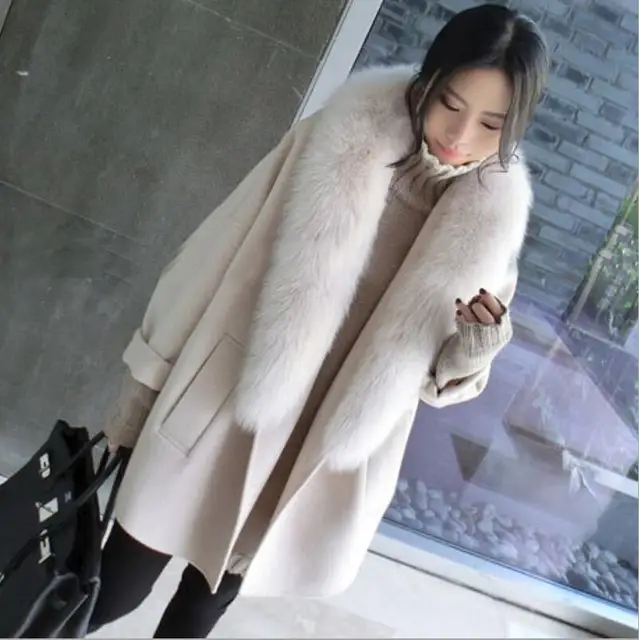 High quality women s clothing large fur collar wool coat Korean large size long blended Parker coats autumn winter overcoat