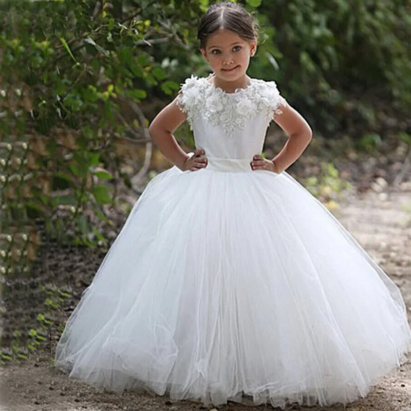 

vestidos de daminha White Tulle Lace Appliques Ball Gown Long Flower Girl Dresses For Weddings 2015 Wedding Party Dresses