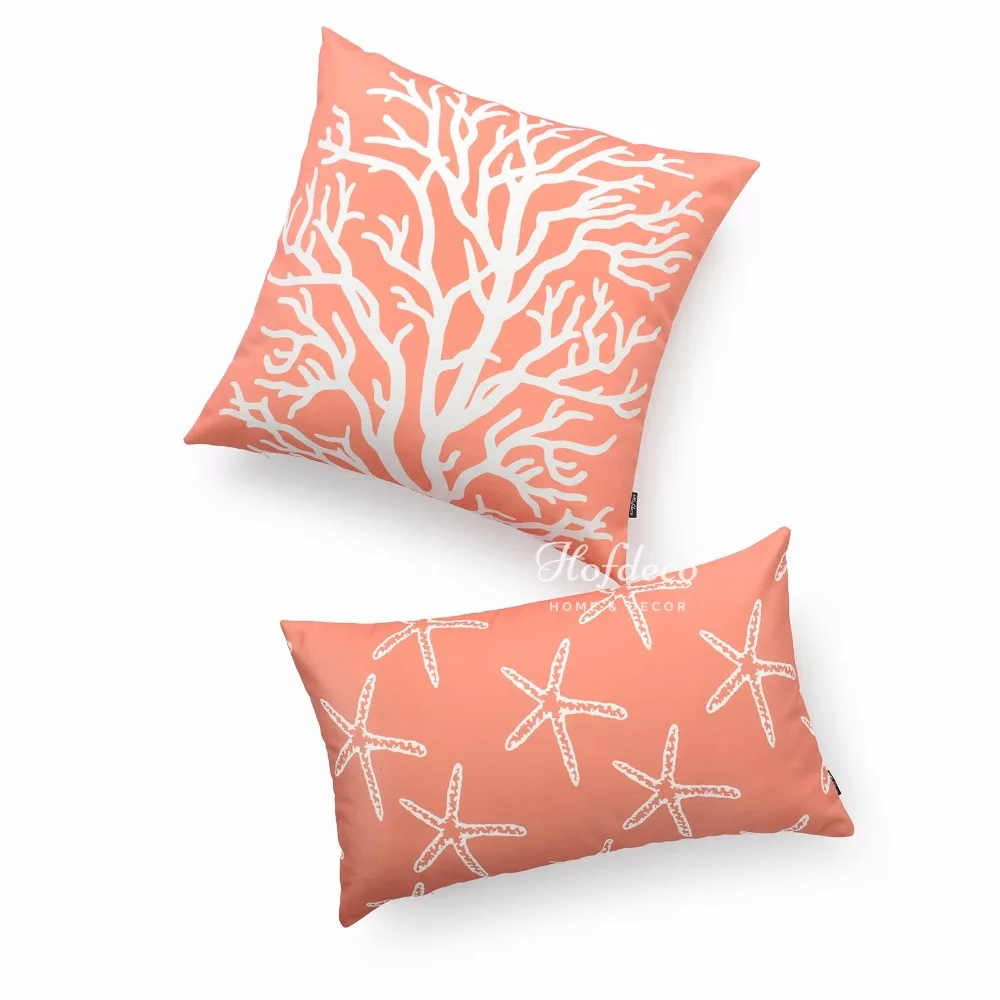 2Pcs Throw Lumbar Pillow Cover Set Canvas Coral Starfish Coastal Beach