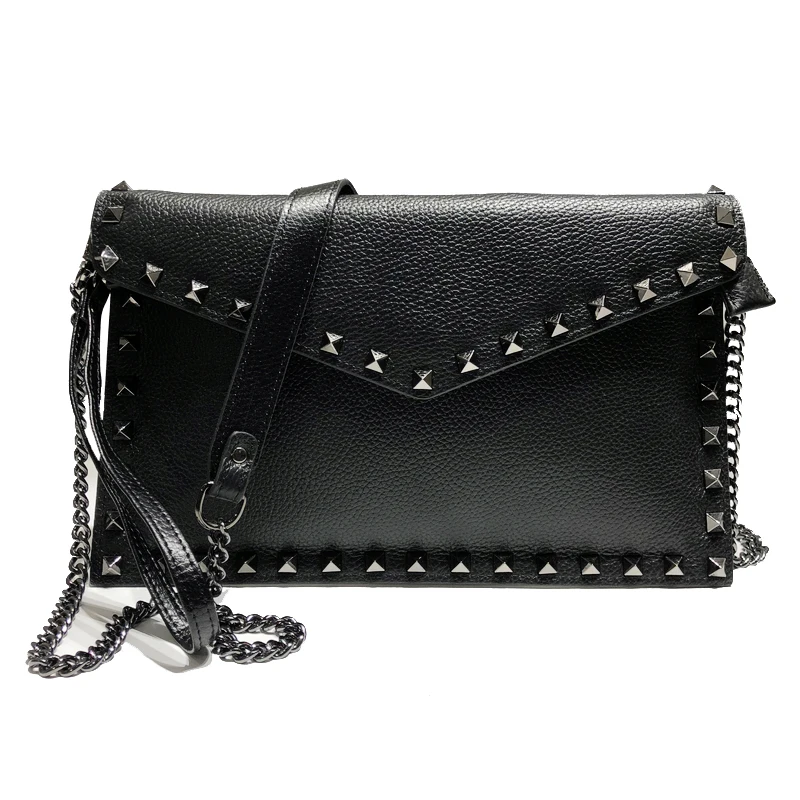 

Day Clutches Women Genuine Leather Bag New New Rivet Cowhide Shoulder Bags Ladies Chain Crossbody Bag Evening Purses Black