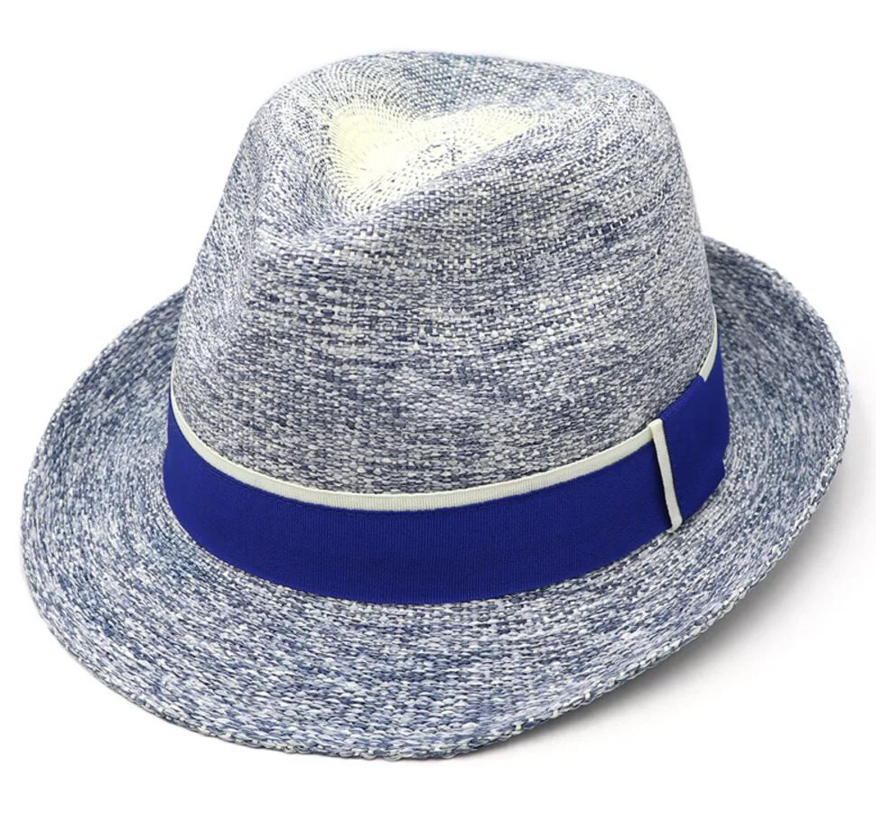 6pcs Heather Blue Paper Straw Fedora Hats for Men Women Summer Brown