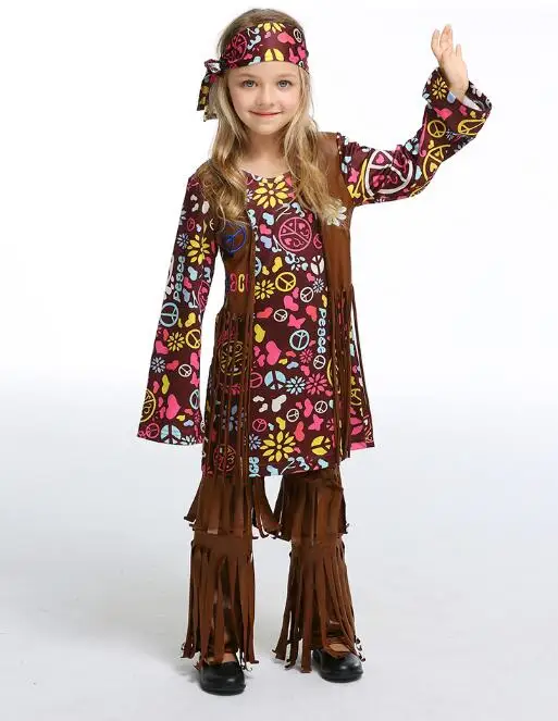 60s 70 Ретро Хиппи певицы Косплэй американский родной в индийском стиле костюм для детей для девочек; наряд для вечеринки Детский костюм на Хеллоуин