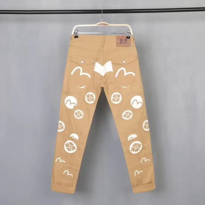 Evisu повседневные мужские дышащие высококачественные повседневные брюки цвета хаки, теплые мужские брендовые хлопковые прямые брюки с принтом, сохраняющие тепло мужские брюки