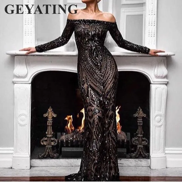 Saudi Arabic Black Sequins Mermaid Evening Dress Long Sleeves Off Shoulder Elegant Women Formal Dress Party Prom Dresses 2019 Saudi Arabic Black Sequins Mermaid Evening Dress Long Sleeves Off Shoulder Elegant Women Formal Dress Party Prom Dresses 2019