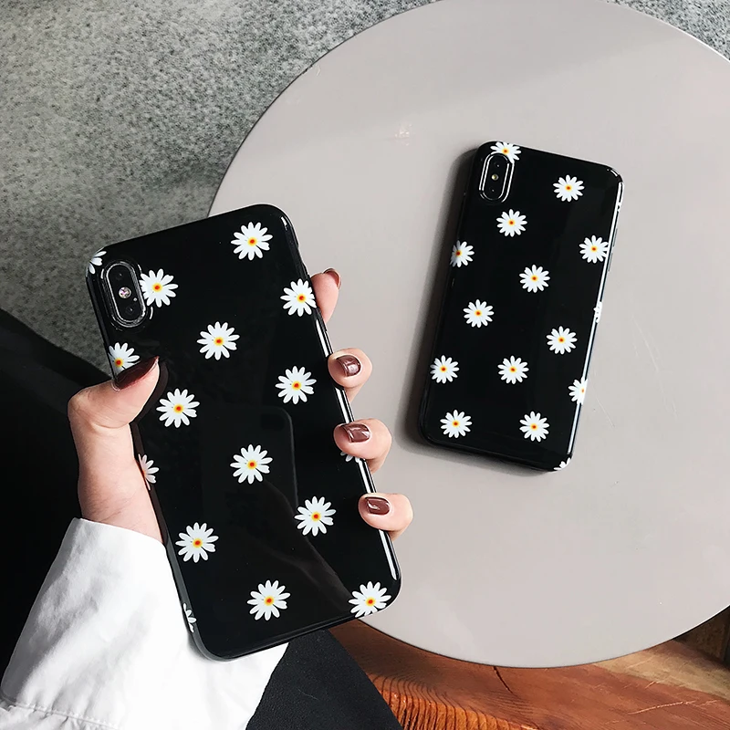 

AXBETY For iPhone 7 Soft TPU Cases For iPhone XR Fashion Daisy Flower Paint Phone Balck Cover For iPhone 6s 6 7 8 Plus/XS MAX/X