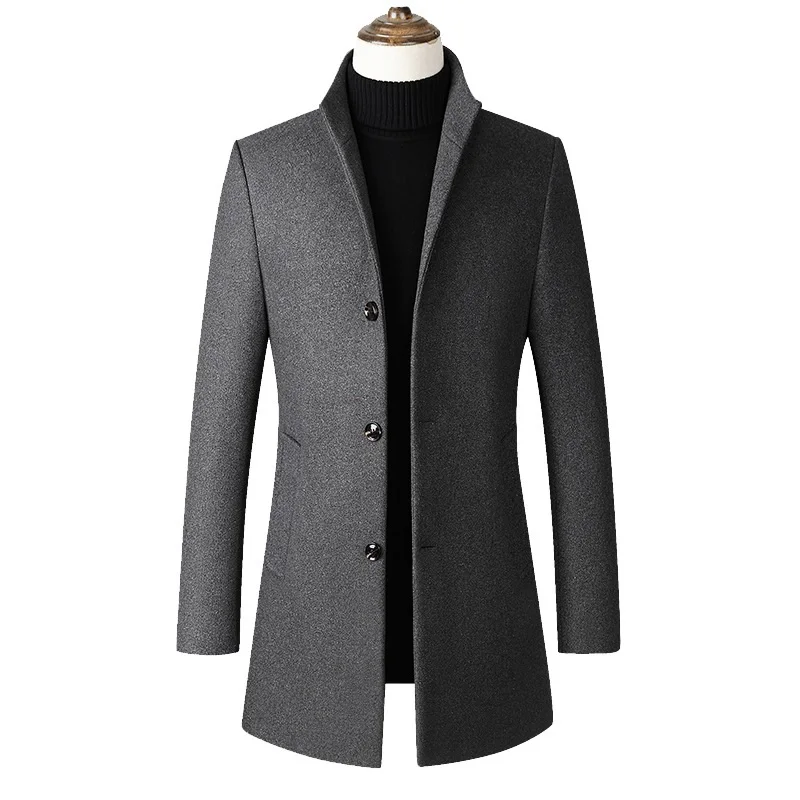 Мужская куртка, зимняя мужская модная шерстяная куртка, пальто, повседневное приталенное пальто со стоячим воротником, мужское длинное шерстяное пальто, мужская верхняя одежда