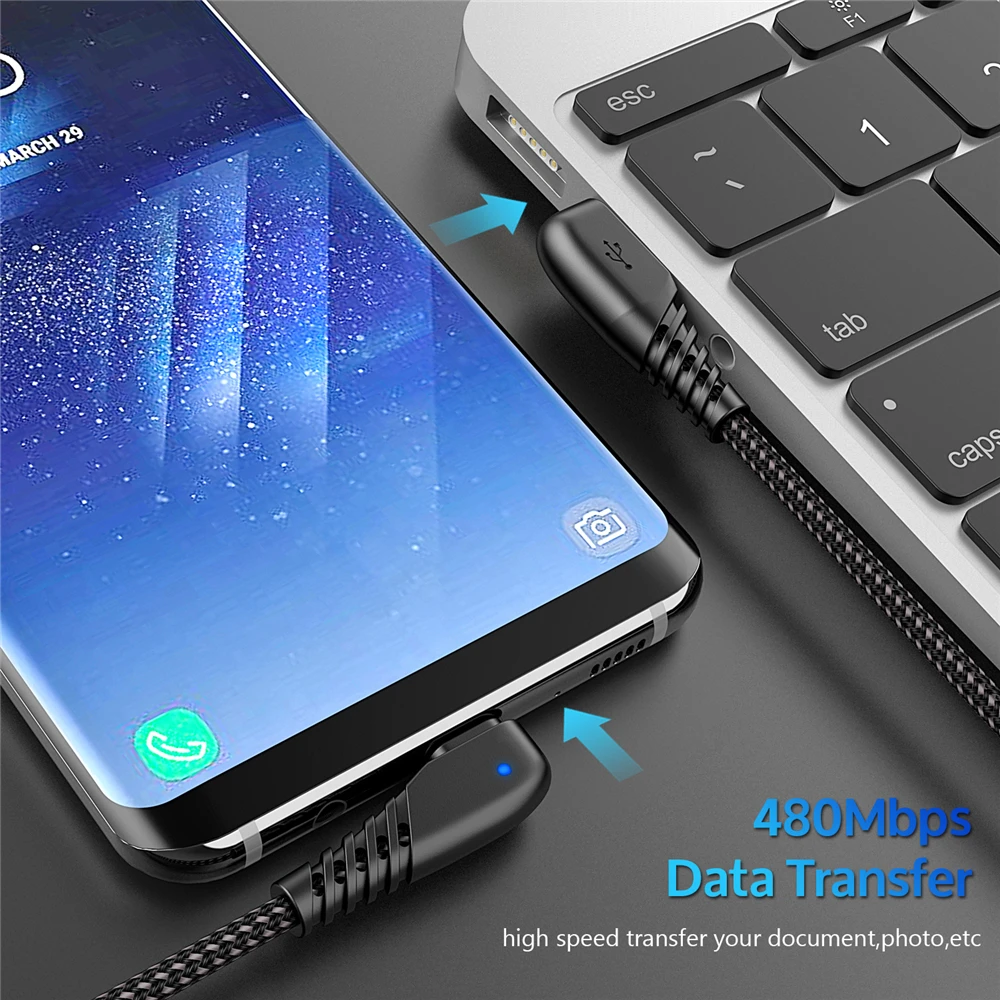 TIEGEM 90 degree USB Type C Cable 2A USB-C Cable Type-C Fast Charging Cord for Nintendo Switch Samsung S8 S9 for Huawei P20 Pro