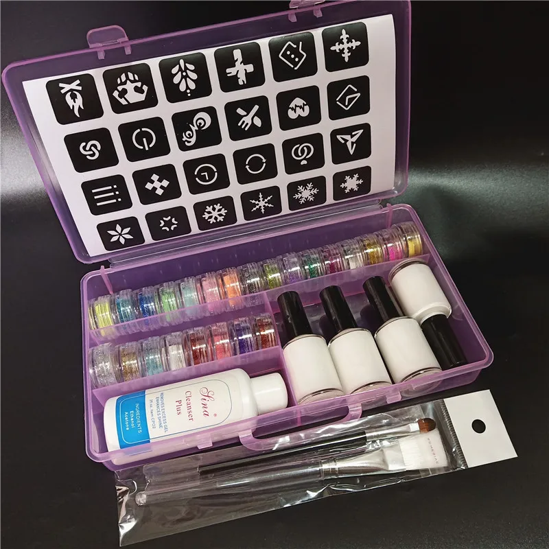 24 Colors Glitter Temporary Tattoo Waterproof Template Stencil 2 Brushes 4 Glues Painting Kit for Kids Face Body Diy Nail ART