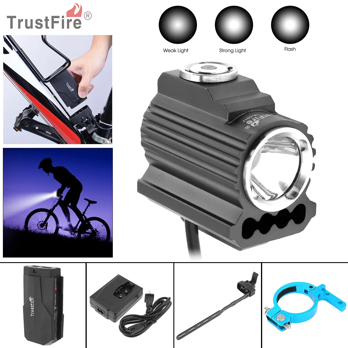 

TrustFire D017 XM-L2 LED 4.2V Waterproof 3 Switch Mode Bicycle Head Light with 3 Modes Light + 6200mAh Battery Pack Kits