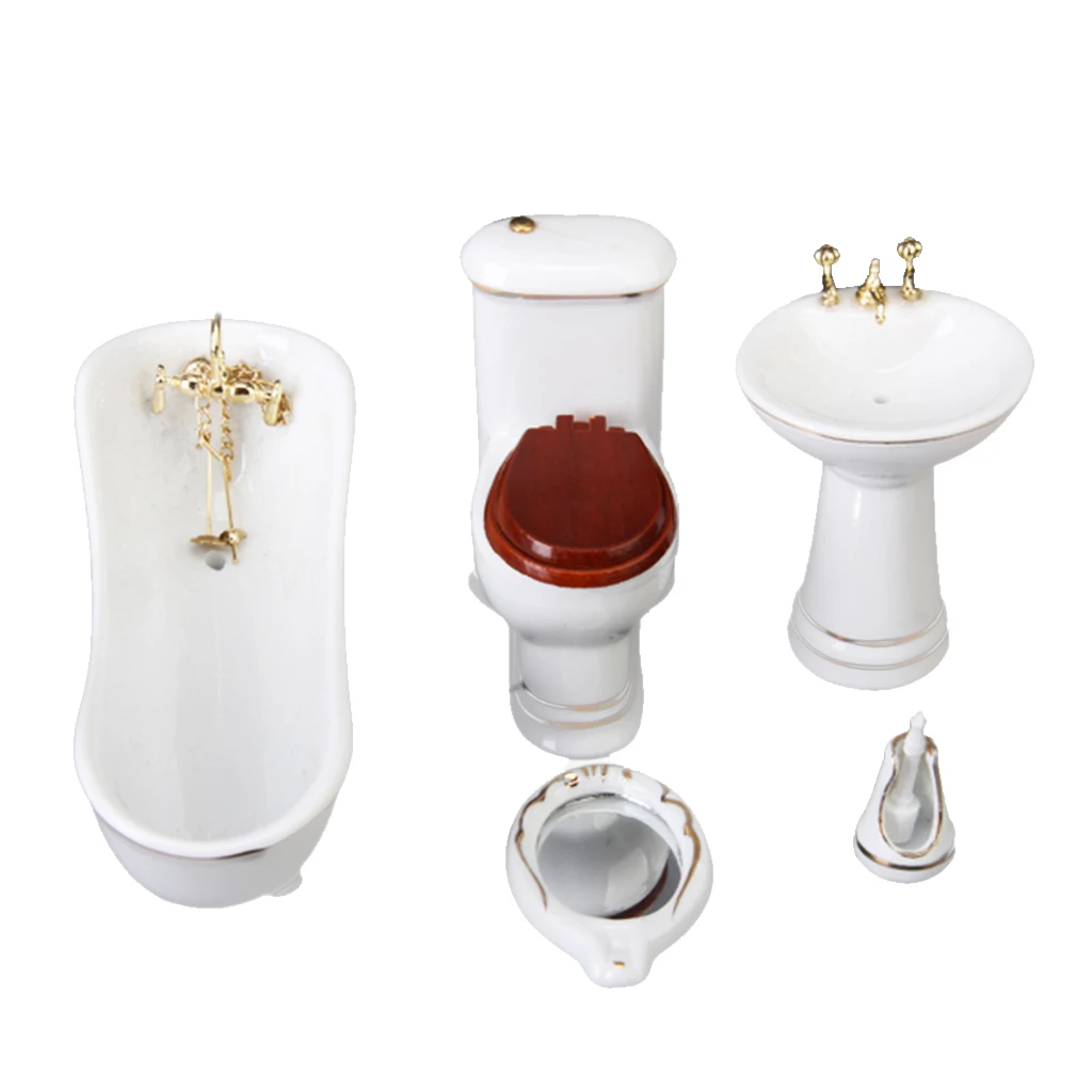 5 PCS White Closestool Bathtub Wash Basin Ceramic Bathroom Pretend Play Toy for 1/12 Miniature Dollhouse 