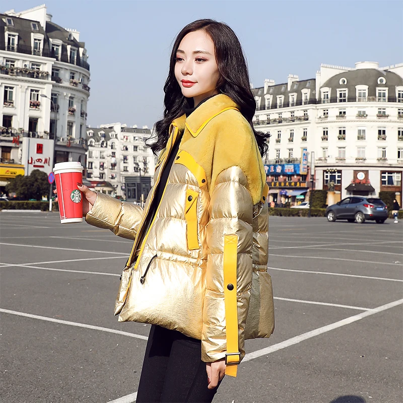 Winter Jacket Women 90% White Duck Down Coats 2019 New Arrival Glossy Patch Lamb Wool Female Parka Tied Waist Womens Down Jacket