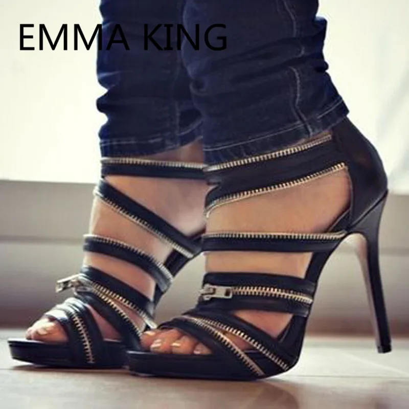 

Black Leather Gladiator Sandals Women 2019 Summer Zipper Design Platform Shoes Woman Runway High Heels Ladies Sexy Roman Sandals
