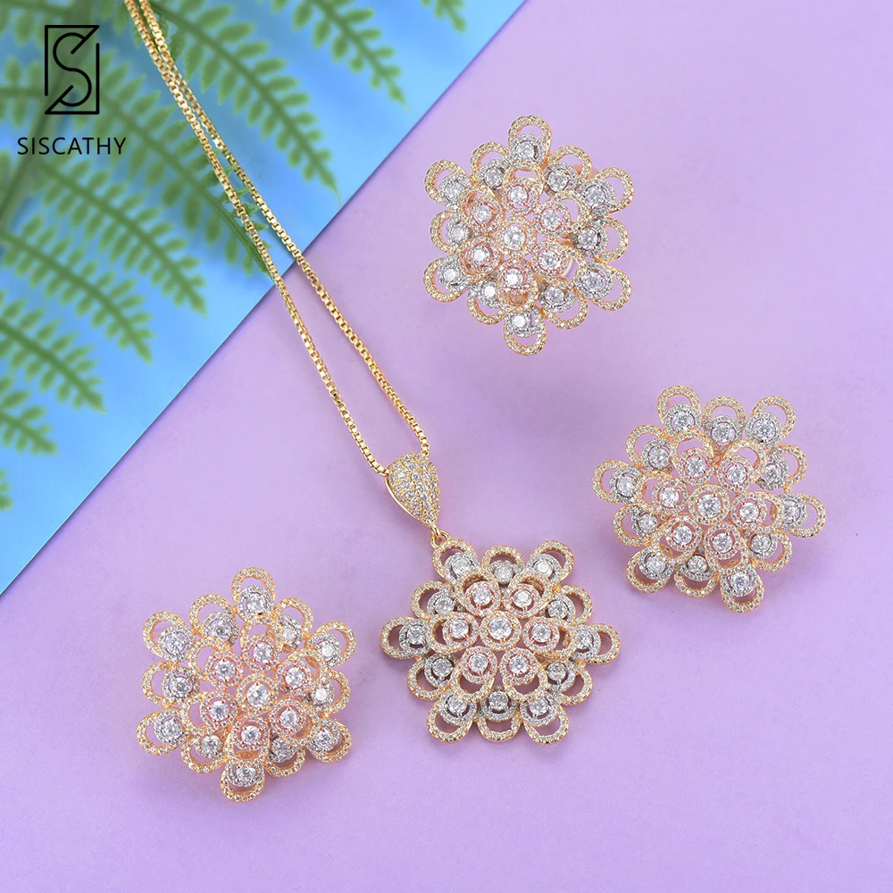 

SISCATHY Deluxe African Bride Wedding Jewelry Set Full Cubic Zirconia Pendant Necklace Stud Earrings Resizable Ring Jewelry Sets