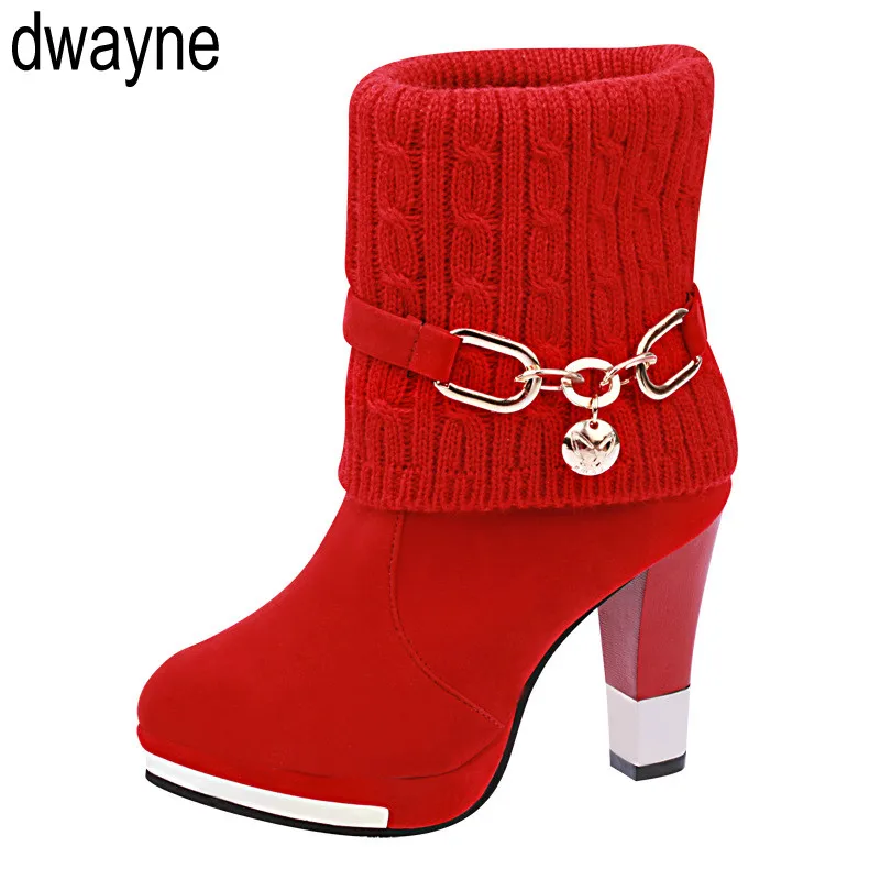 

2019 Red Mid Calf Boots High Heel Boots Warm Plush Winter Female Shoes Mujer Ladies Shoes boots women