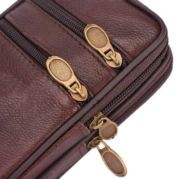 

Men Genuine Leather running Bag Double Zipper Cell Mobile Phone Case Coin Purse Pocket Pouch Male Fanny Bags For Outdoor