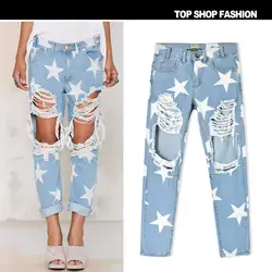 Новые европейские женские отверстия в джинсы свободные прямые ноги девять звезда штамп отверстие Штаны
