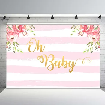 

Photo Backdrop Birthay Party Photography Backdrops Oh Baby for Children Banner Background White Pink Strips Flower Backdrop
