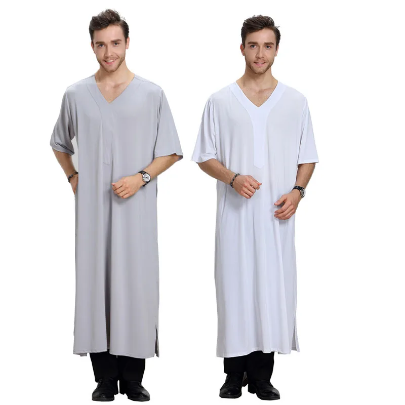 Саудовская Аравия мусульманское платье Мужчины v-образным вырезом Исламская одежда летние тонкие дышащие кафтан мужчин халат индийский