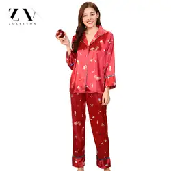 Шелковые пижамы красные пижамы для женщин из двух частей летние брюки для женщин отложной воротник одежда для женщин полный белье полная