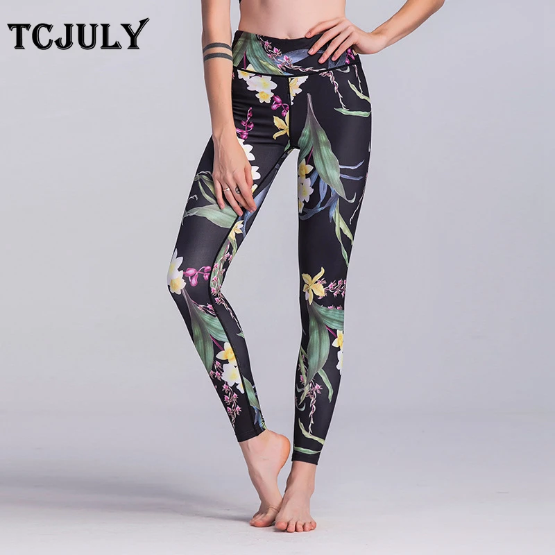 TCJULY модные Broadcloth Высокая талия с цветочным принтом для женщин тренировки Леггинсы для быстросохнущая облегающие эластичные брюки Тощий Push