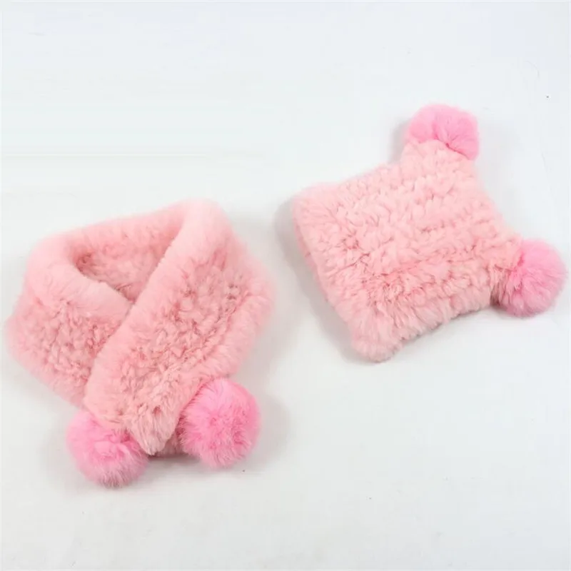 pink Мех кролика Рекс осень-зима детская шляпа, шарф Детские шапочки Кепки Теплая Бархатная детская шарф для мальчиков и вязаные шапки для девочек Кепки - Цвет: pink