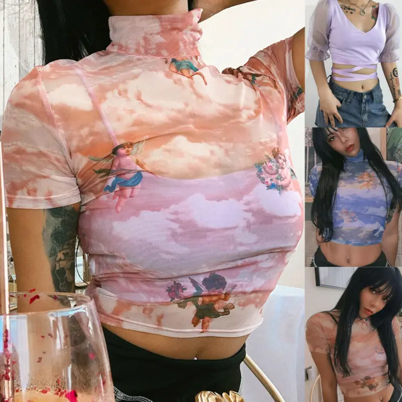 

Women Sheer See-through Long Sleeve Crop Tops Tee Summer Female Perspective Cartoon Turtle Neck Short Shirts