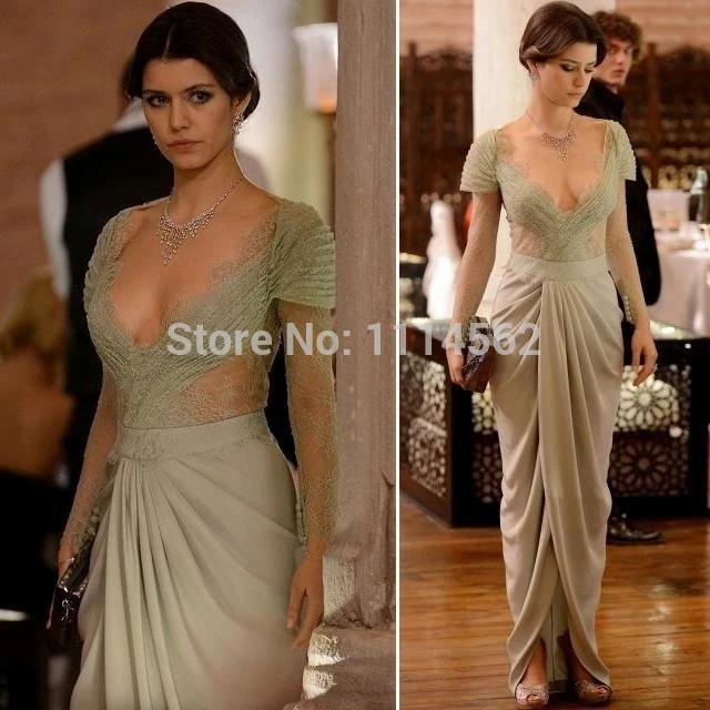 Rix Revenge Beren Saat Long Sleeve Celebrity Dresses Sheath Deep V Neck Green Prom Evening Dresses robe de soiree _ - AliExpress