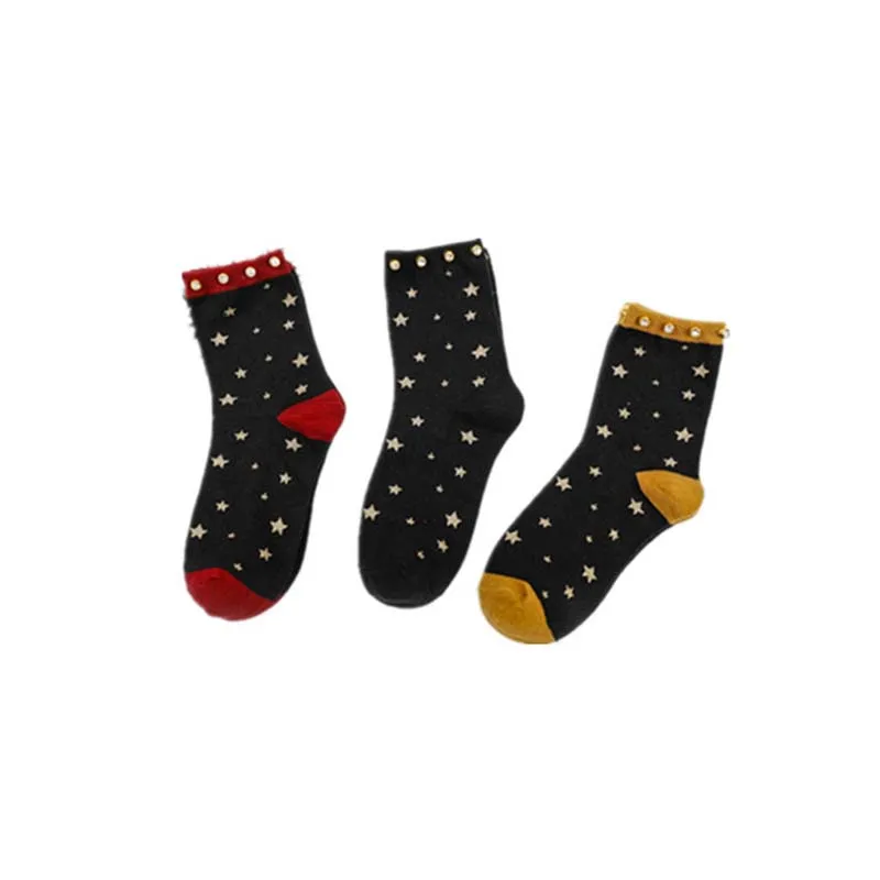 Креативные модные сверкающие носки Harajuku женские Повседневные Дышащие однотонные милые носки с жемчужинами и звездами удобные женские