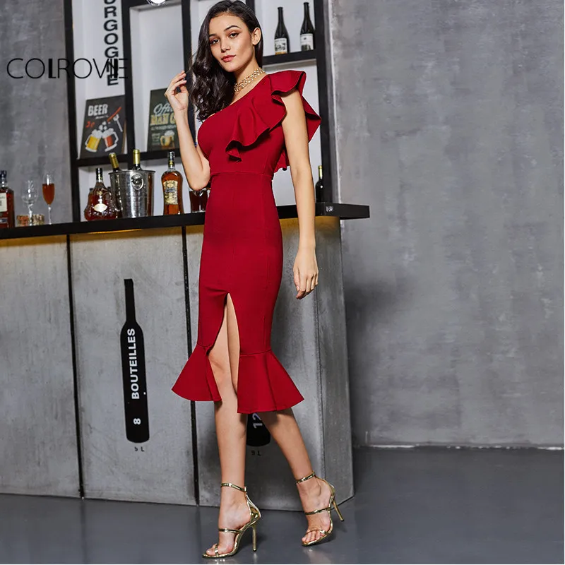 Женское платье с одним открытым плечом и воланом средней длины|summer party dress|club dressmidi