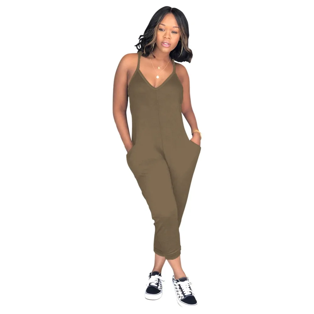 Plus Size Playsuit 3XL Casual Spaghetti Strap V Neck Ankle Length Pant Jumpsuit Women Backless With Pockets One Piece Coveralls | Женская