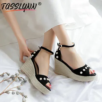 

TASSLYNN 2018 Wedges Shoes for Women Casual Flock Buckle Strap Concise String Bead Cover Heel Platform Sandals Women Size 34-39