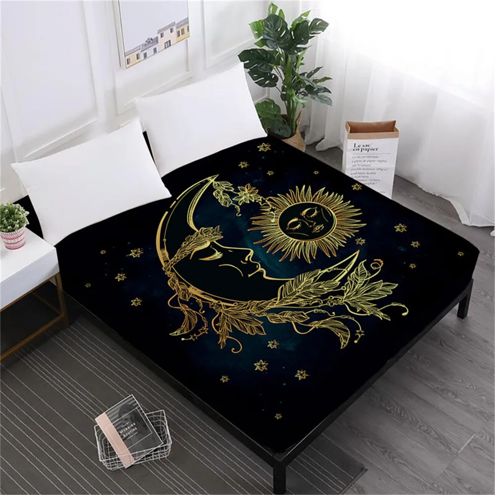 Bohemia Series Bed Sheets Black Golden Moon Star Print Fitted Sheet Twin Full Queen King Mattress