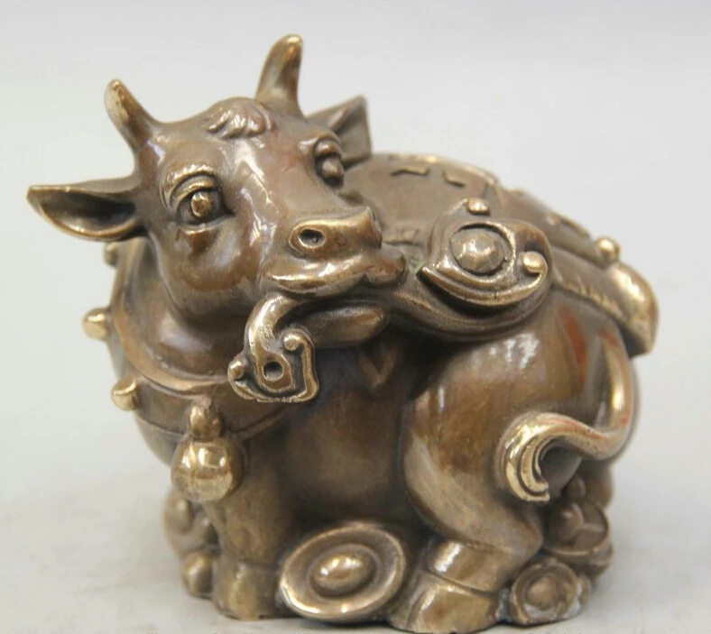 

5" Chinese Fengshui Copper Zodiac Year Bull Oxen Wealth Ru Yi Statue Sculpture